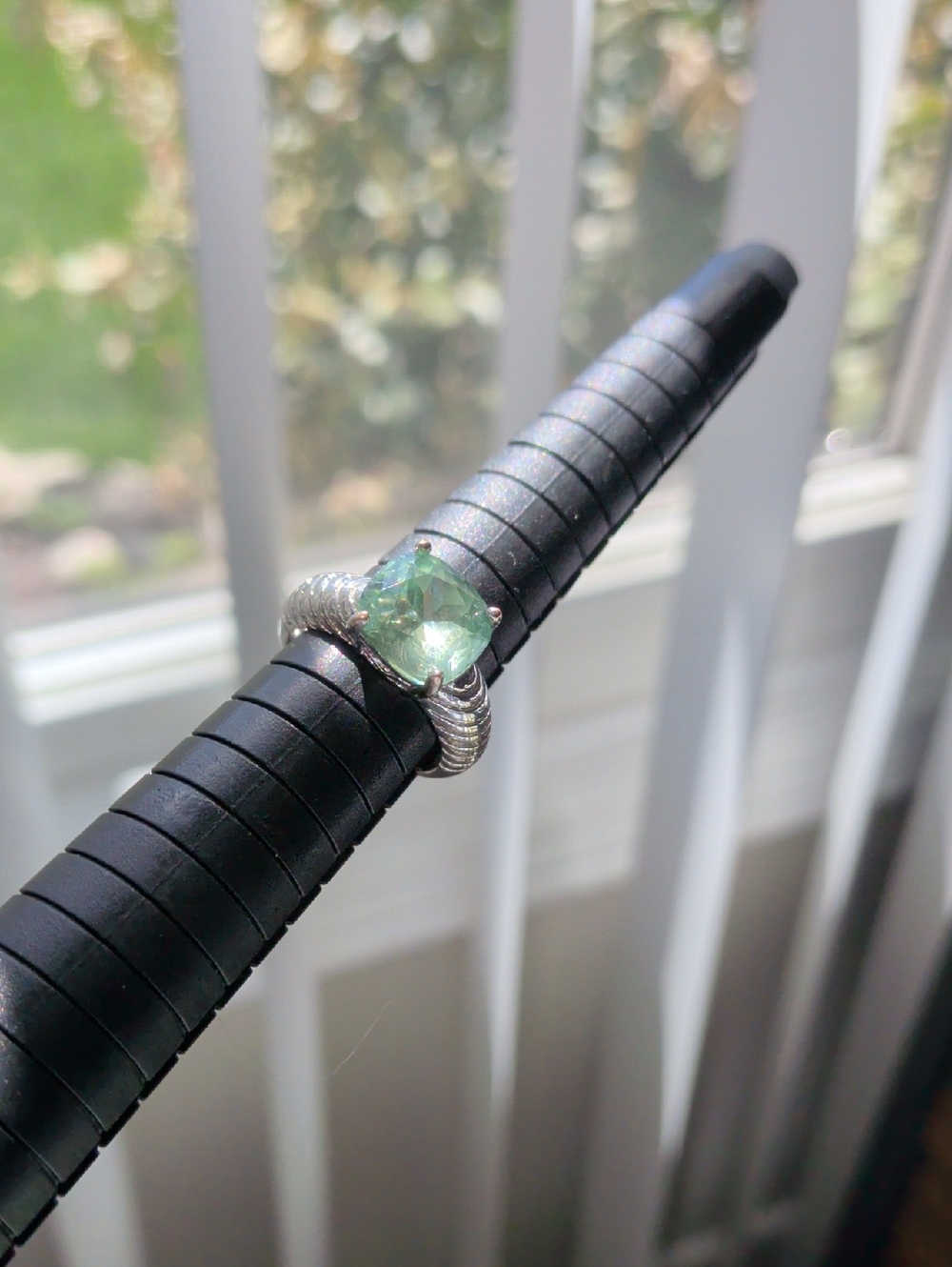 Silver Ring with Light Green Cushion Gem
